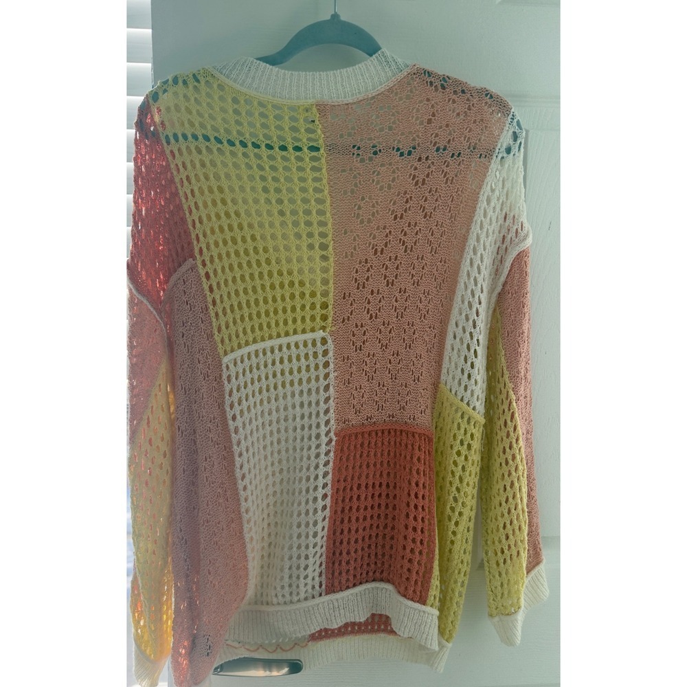 POL Clothing Women Colorblock Patchwork Crochet V-Neck Sweater Pink Yellow M - Picture 6 of 7